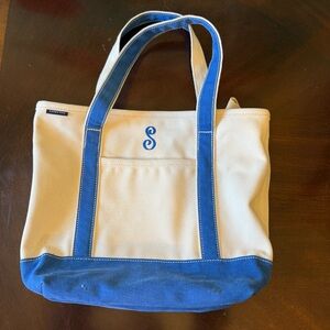 Lands' End Ivory and Blue Canvas Boat Tote Bag Pockets Monogrammed "S"